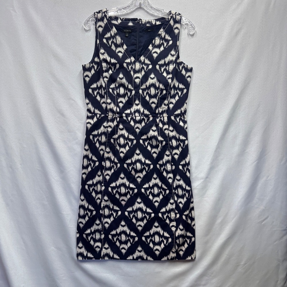 Talbots Sheath Dress Womens 8 Navy Blue Ikat Geometric V-Neck Cotton Stretch Mod